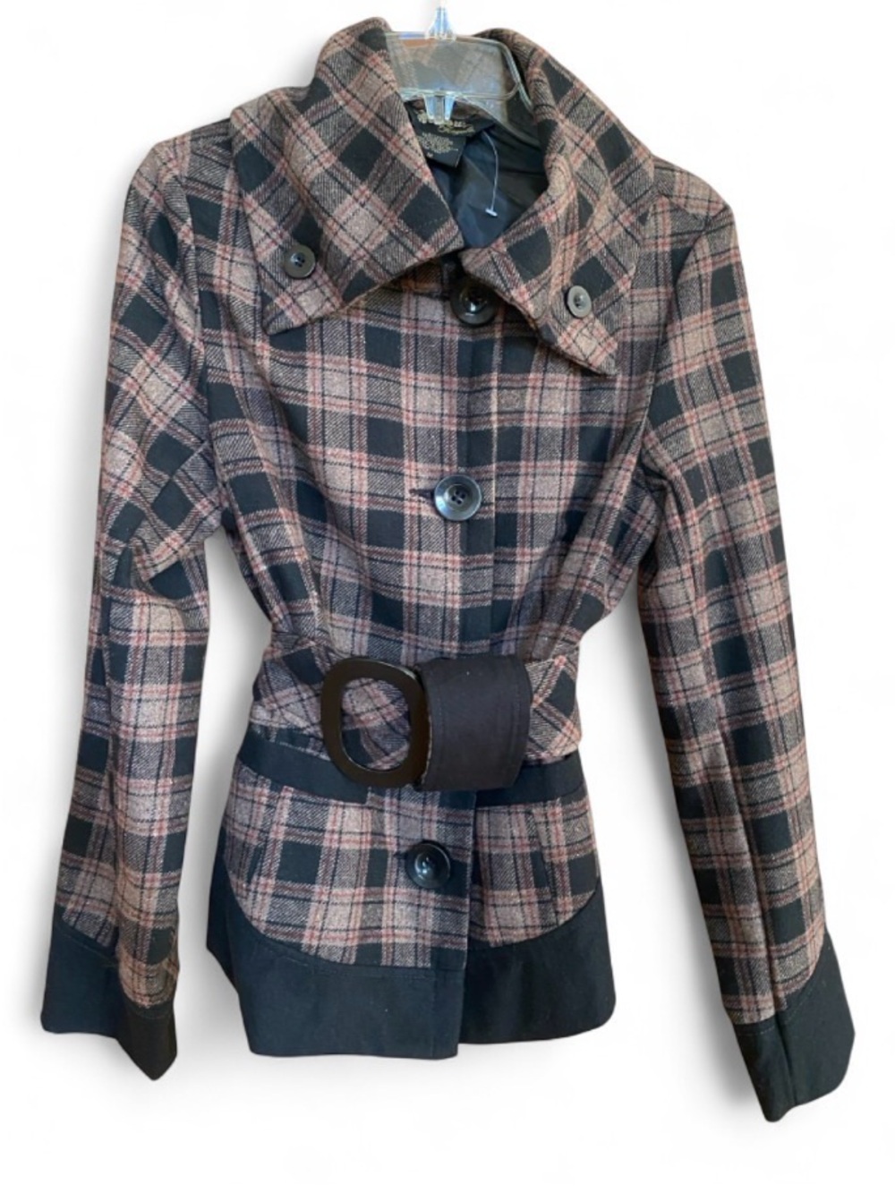 JouJou Royale Taupe Gray Black Plaid Belted Jacket Wool Blend Statement Buckle